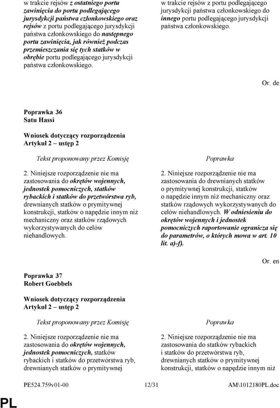 w trakcie rejsów z portu podlegającego jurysdykcji państwa członkowskiego do innego portu podlegającego jurysdykcji państwa członkowskiego. Or. de 36 Satu Hassi Artykuł 2 ustęp 2 2.