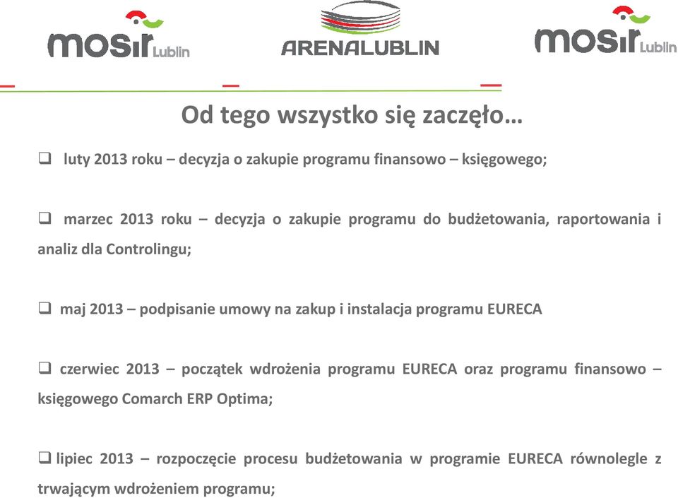zakup i instalacja programu EURECA czerwiec 2013 początek wdrożenia programu EURECA oraz programu finansowo