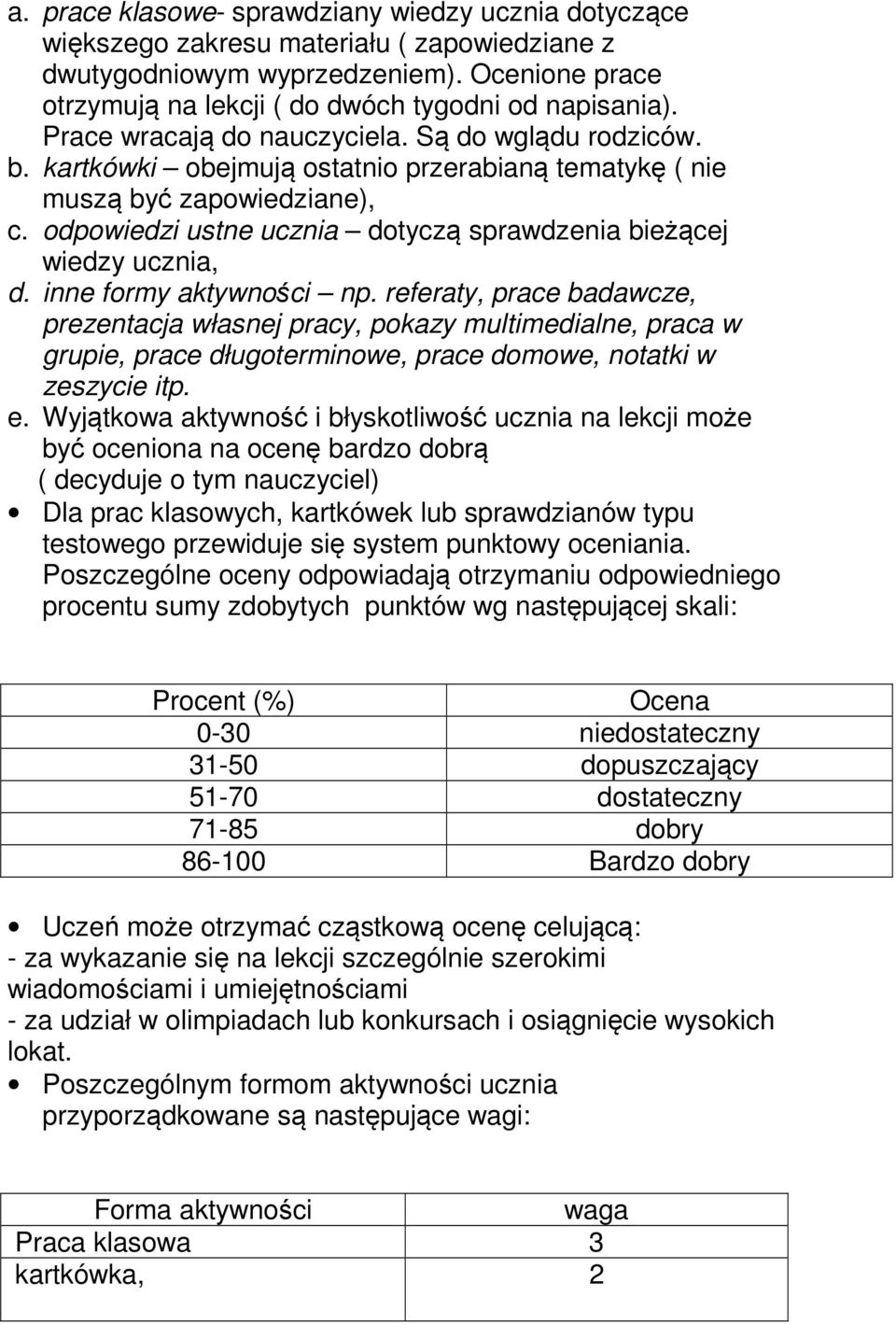 odpowiedzi ustne ucznia dotyczą sprawdzenia bieżącej wiedzy ucznia, d. inne formy aktywności np.