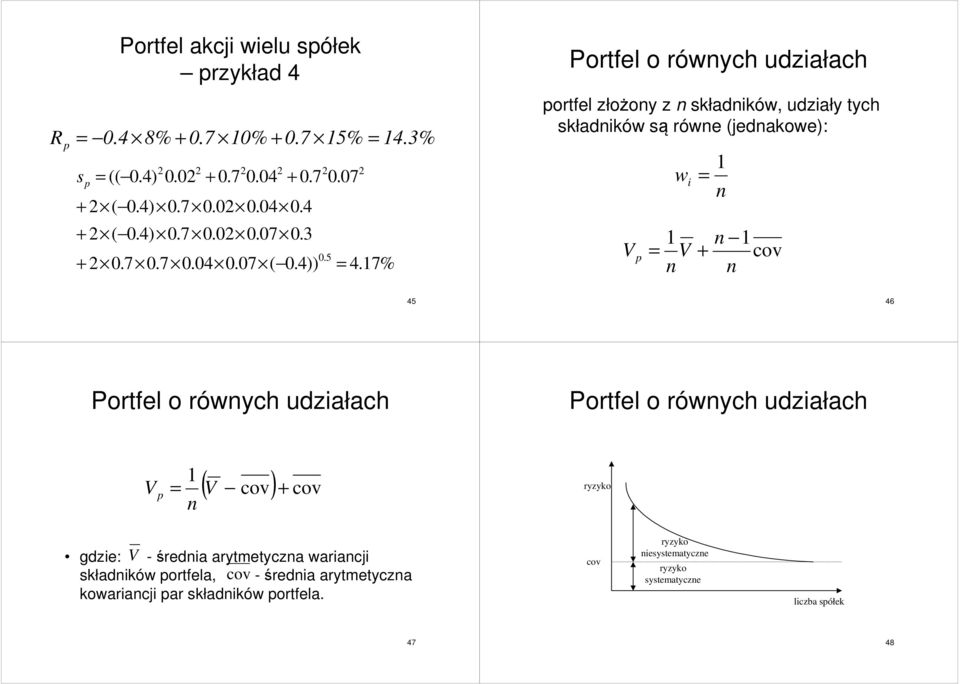 7% Portfel o róych udzałach portfel złożoy z kładkó, udzały tych kładkó ą róe (jedakoe): V p V + cov 45 46 Portfel o