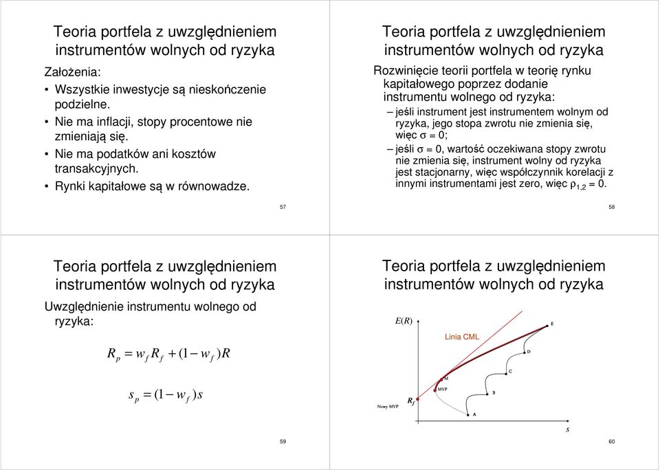 Teora portfela z uzględeem trumetó olych od ryzyka ozęce teor portfela teorę ryku kaptałoego poprzez dodae trumetu olego od ryzyka: jeśl trumet jet trumetem olym od ryzyka, jego topa