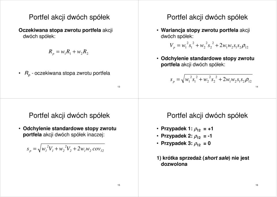 dóch półek: + ρ p + 4 Odchylee tadardoe topy zrotu portfela akcj dóch półek aczej: Portfel akcj dóch półek p V + V +