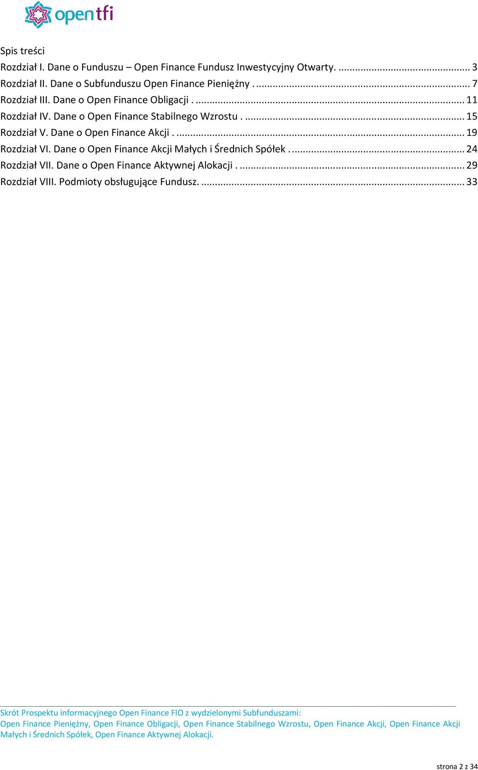 Dane o Open Finance Stabilnego Wzrostu... 15 Rozdział V. Dane o Open Finance Akcji... 19 Rozdział VI.