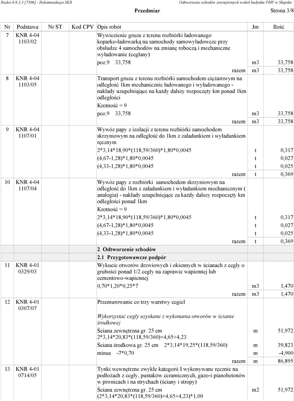 9 33,758 m3 33,758 razem m3 33,758 Transport gruzu z terenu rozbiórki samochodem cięŝarowym na odległość 1km mechanicznie ładowanego i wyładowanego - nakłady uzupełniające na kaŝdy dalszy rozpoczęty