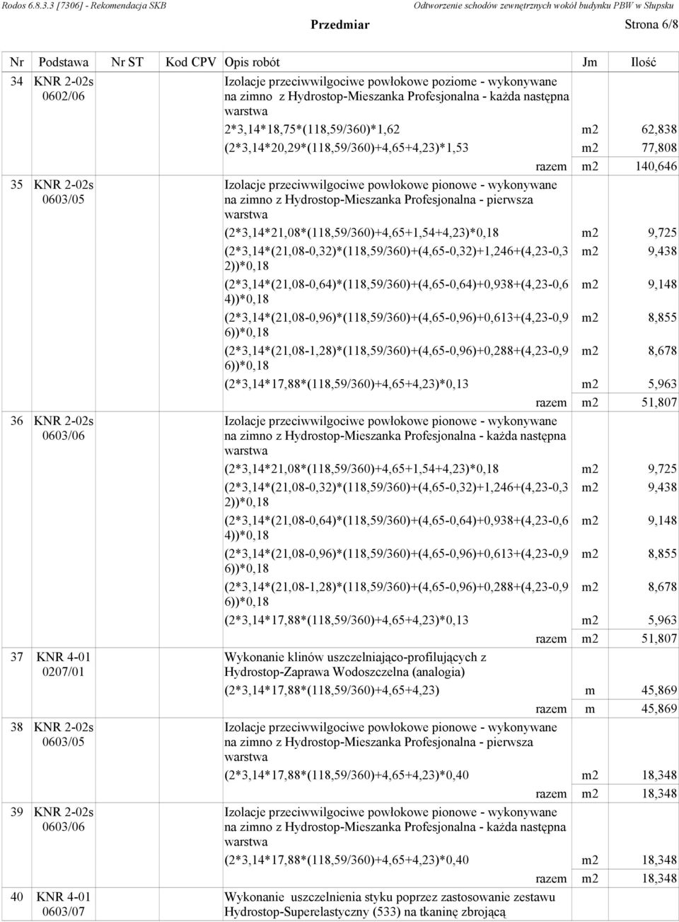 140,646 Izolacje przeciwwilgociwe powłokowe pionowe - wykonywane na zimno z Hydrostop-Mieszanka Profesjonalna - pierwsza (2*3,14*21,08*(118,59/360)+4,65+1,54+4,23)*0,18 m2 9,725