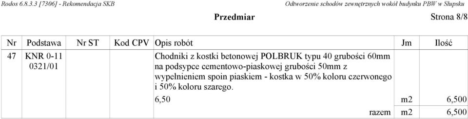 cementowo-piaskowej grubości 50mm z wypełnieniem spoin piaskiem