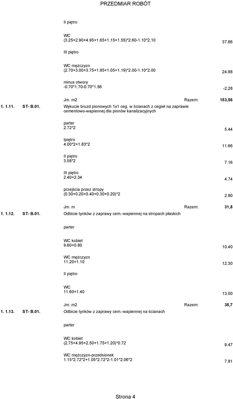 40+2.34 przejścia przez stropy (0.30+0.20+0.40+0.30+0.20)*2 Jm. m Odbicie tynków z zaprawy cem.-wapiennej na stropach płaskich 5.44 11.66 7.16 4.74 2.80 Razem: 31,8 9.60+0.80 11.