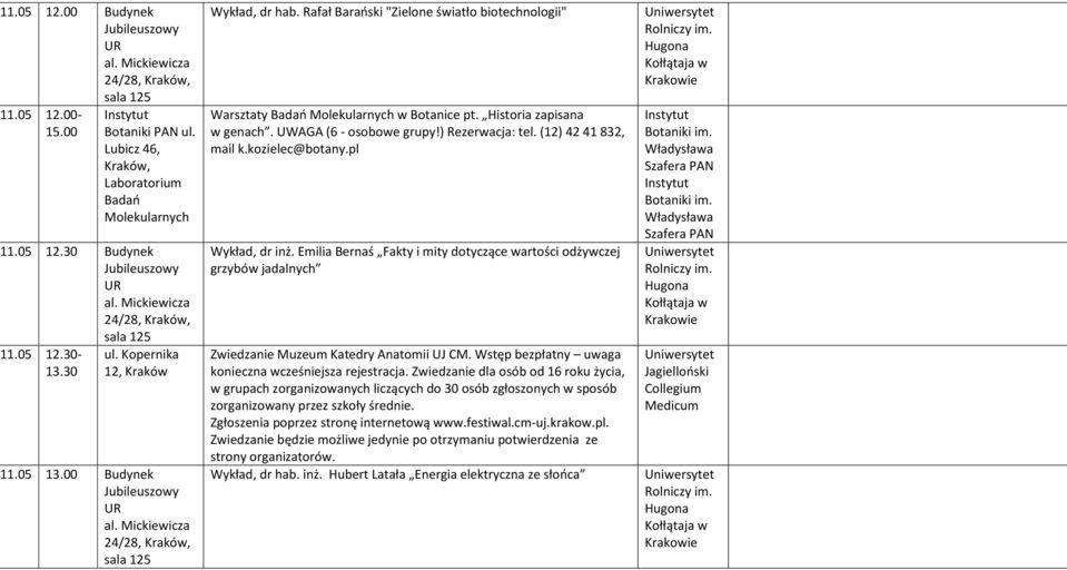 Rafał Barański "Zielone światło biotechnologii" Warsztaty Badań Molekularnych w Botanice pt. Historia zapisana w genach. UWAGA (6 - osobowe grupy!) Rezerwacja: tel. (12) 42 41 832, mail k.