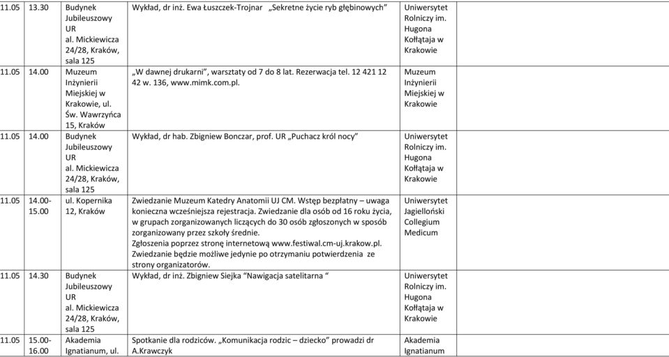 Ewa Łuszczek-Trojnar Sekretne życie ryb głębinowych W dawnej drukarni, warsztaty od 7 do 8 lat. Rezerwacja tel. 12 421 12 42 w. 136, www.mimk.com.pl. Wykład, dr hab. Zbigniew Bonczar, prof.