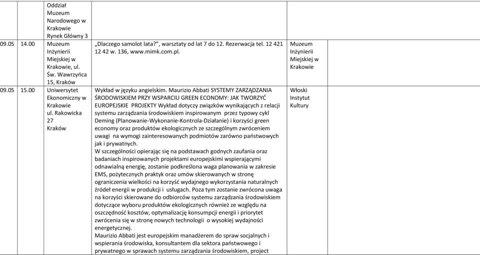 Maurizio Abbati SYSTEMY ZARZĄDZANIA ŚRODOWISKIEM PRZY WSPARCIU GREEN ECONOMY: JAK TWORZYĆ EUROPEJSKIE PROJEKTY Wykład dotyczy związków wynikających z relacji systemu zarządzania środowiskiem