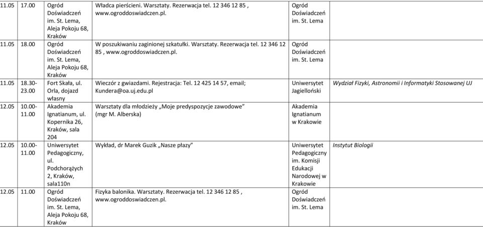 W poszukiwaniu zaginionej szkatułki. Warsztaty. Rezerwacja tel. 12 346 12 85, www.ogroddoswiadczen.pl. Wieczór z gwiazdami. Rejestracja: Tel. 12 425 14 57, email; Kundera@oa.uj.edu.