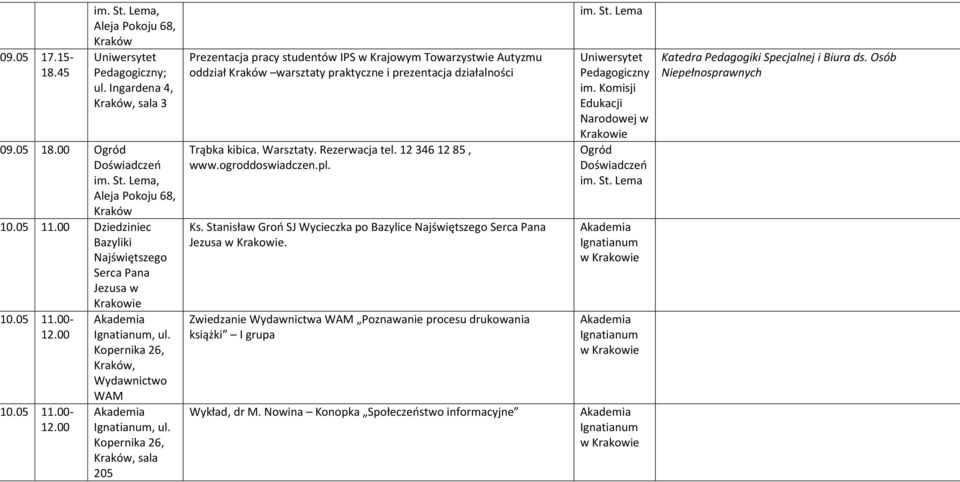 205 Prezentacja pracy studentów IPS w Krajowym Towarzystwie Autyzmu oddział warsztaty praktyczne i prezentacja działalności Trąbka kibica. Warsztaty. Rezerwacja tel. 12 346 12 85, www.
