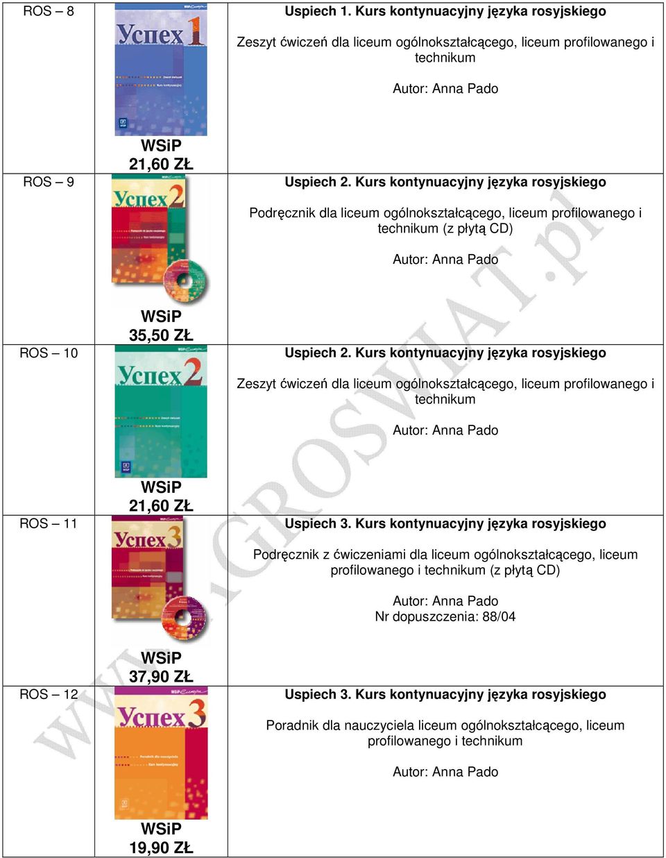 Kurs kontynuacyjny języka rosyjskiego Zeszyt ćwiczeń dla liceum ogólnokształcącego, liceum profilowanego i technikum ROS 11 21,60 ZŁ Uspiech 3.