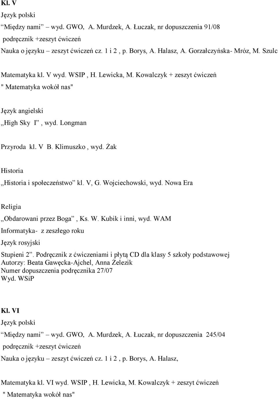 V, G. Wojciechowski, wyd. Nowa Era Obdarowani przez Boga, Ks. W. Kubik i inni, wyd. WAM Informatyka- z zeszłego roku Język rosyjski Stupieni 2.