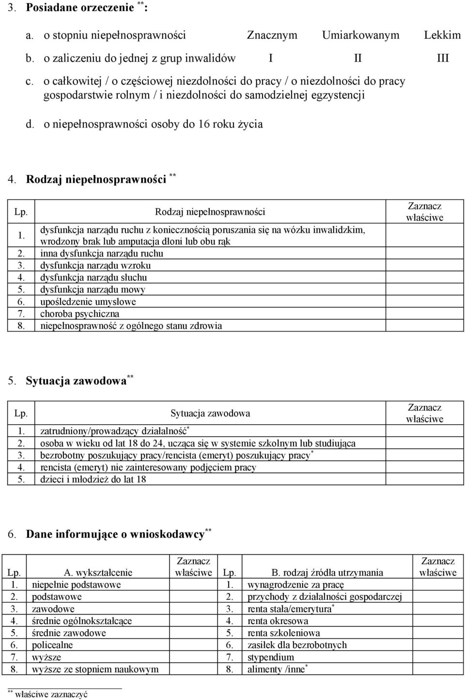 Rodzaj niepełnosprawności ** Lp. Rodzaj niepełnosprawności 1. dysfunkcja narządu ruchu z koniecznością poruszania się na wózku inwalidzkim, wrodzony brak lub amputacja dłoni lub obu rąk 2.