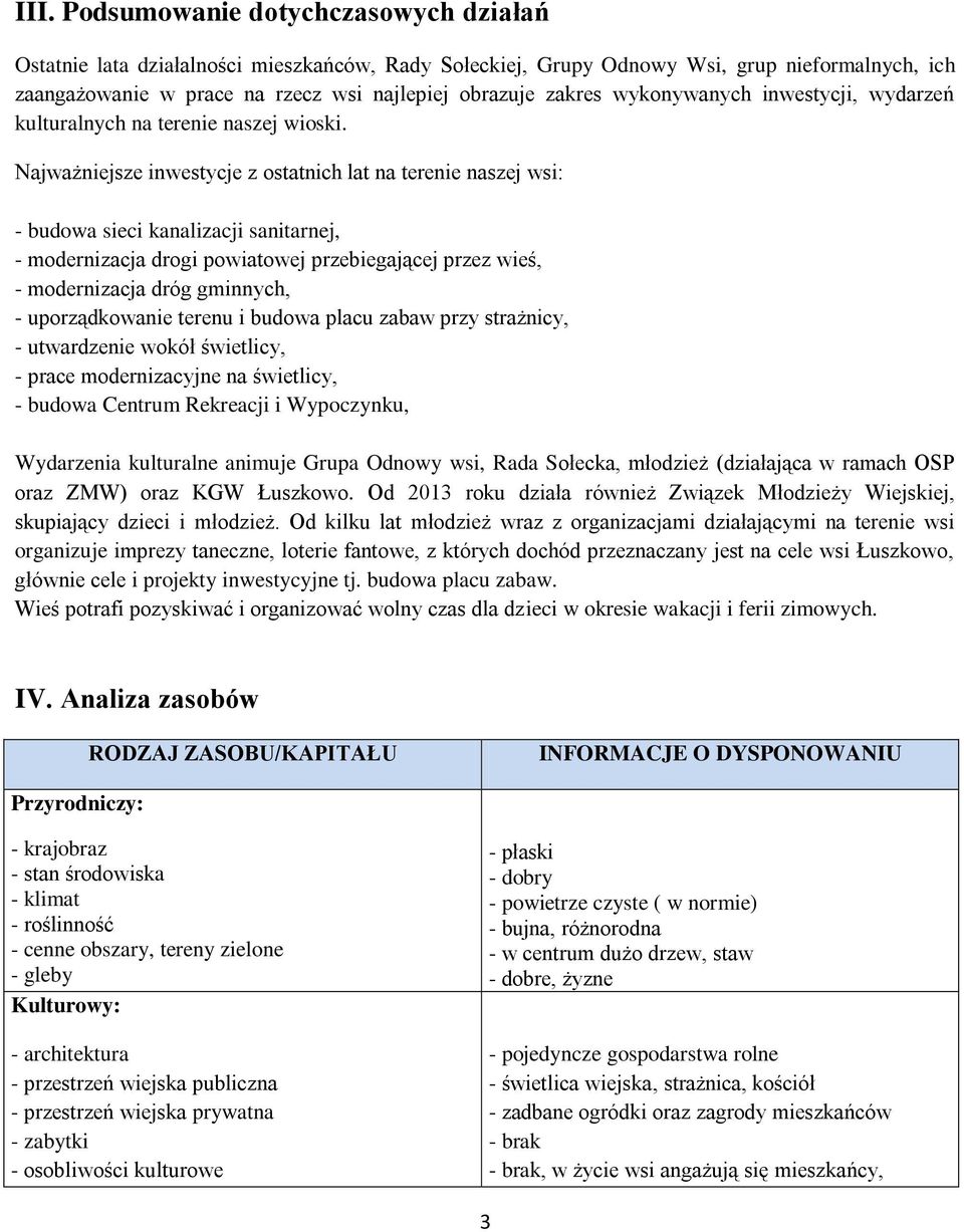 Najważniejsze inwestycje z ostatnich lat na terenie naszej wsi: - budowa sieci kanalizacji sanitarnej, - modernizacja drogi powiatowej przebiegającej przez wieś, - modernizacja dróg gminnych, -