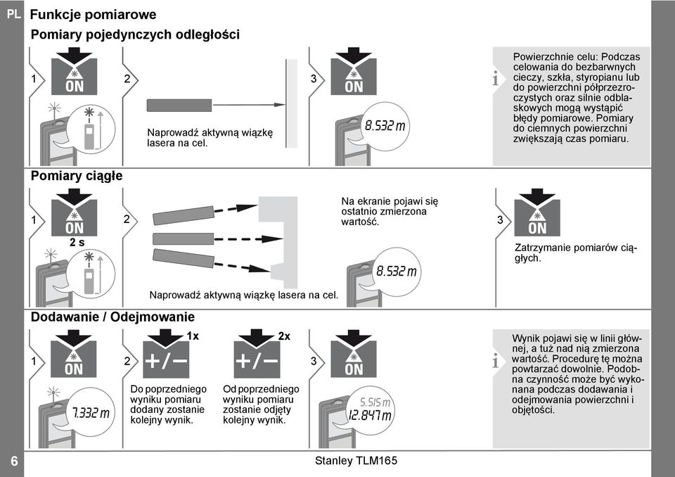 Pomiary do ciemnych powierzchni zwiększają czas pomiaru. Pomiary ciągłe Na ekranie pojawi się ostatnio zmierzona wartość. 3 s 8.53 m Zatrzymanie pomiarów ciągłych. aktywną cel.