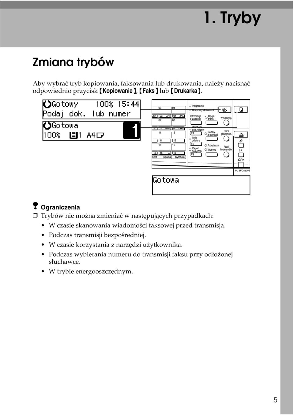 Ograniczenia Trybów nie moåna zmieniaæ w nastêpujàcych przypadkach: W czasie skanowania wiadomoãci faksowej przed