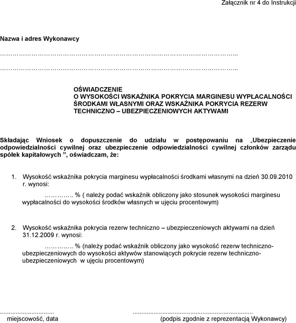 oświadczam, że: 1. Wysokość wskaźnika pokrycia marginesu wypłacalności środkami własnymi na dzień 30.09.2010 r. wynosi:.