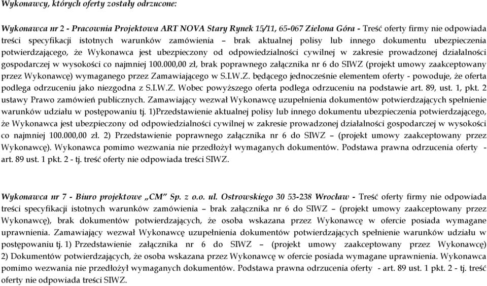 gospodarczej w wysokości co najmniej 100.000,00 zł, brak poprawnego załącznika nr 6 do SIWZ (projekt umowy zaakceptowany przez Wykonawcę) wymaganego przez Zamawiającego w S.I.W.Z. będącego jednocześnie elementem oferty - powoduje, Ŝe oferta podlega odrzuceniu jako niezgodna z S.