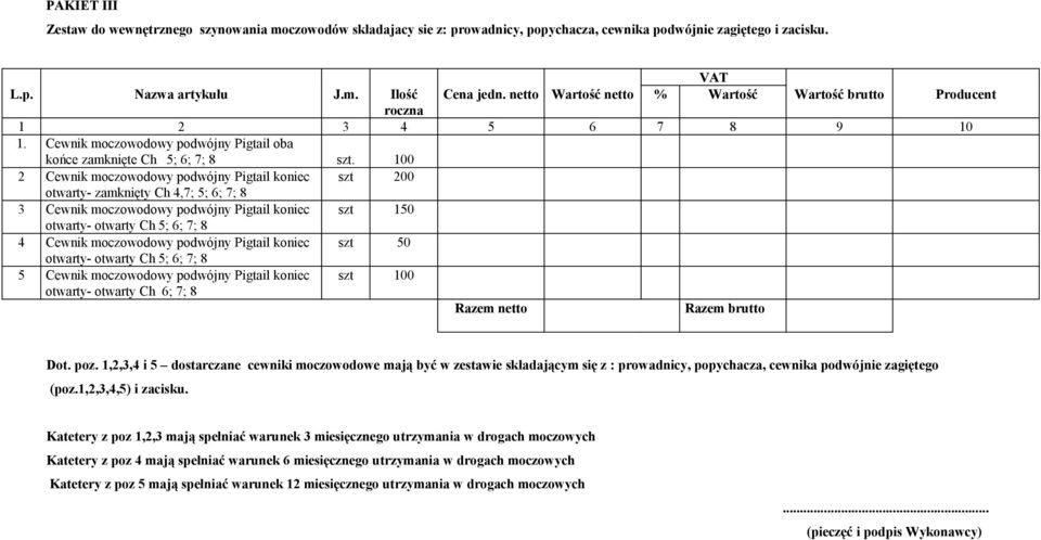 100 2 Cewnik moczowodowy podwójny Pigtail koniec szt 200 otwarty- zamknięty Ch 4,7; 5; 6; 7; 8 3 Cewnik moczowodowy podwójny Pigtail koniec szt 150 otwarty- otwarty Ch 5; 6; 7; 8 4 Cewnik moczowodowy