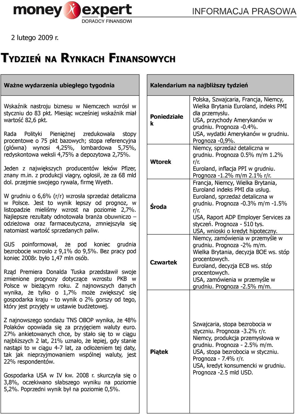 Rada Polityki Pieniężnej zredukowała stopy procentowe o 75 pkt bazowych; stopa referencyjna (główna) wynosi 4,25%, lombardowa 5,75%, redyskontowa weksli 4,75% a depozytowa 2,75%.