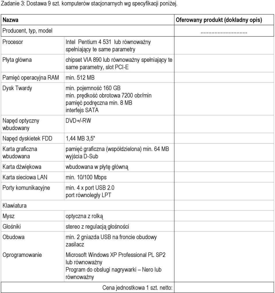 parametry, slot PCI-E min. 512 MB min. pojemność 160 GB min. prędkość obrotowa 7200 obr/min pamięć podręczna min.