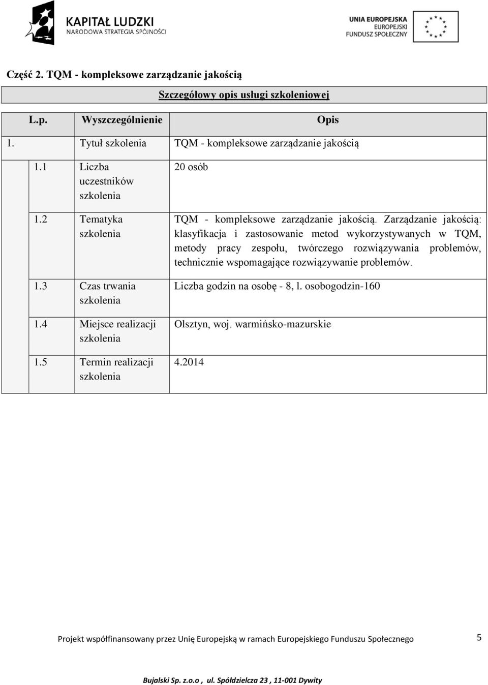 5 Termin realizacji 20 osób TQM - kompleksowe zarządzanie jakością.