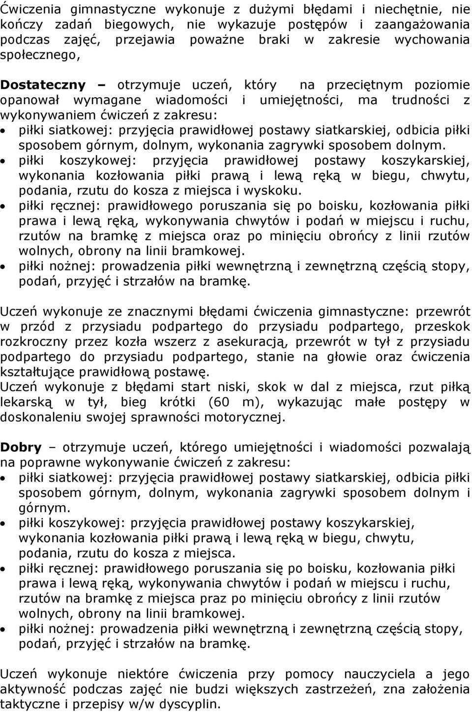 prawidłowej postawy siatkarskiej, odbicia piłki sposobem górnym, dolnym, wykonania zagrywki sposobem dolnym. podania, rzutu do kosza z miejsca i wyskoku.