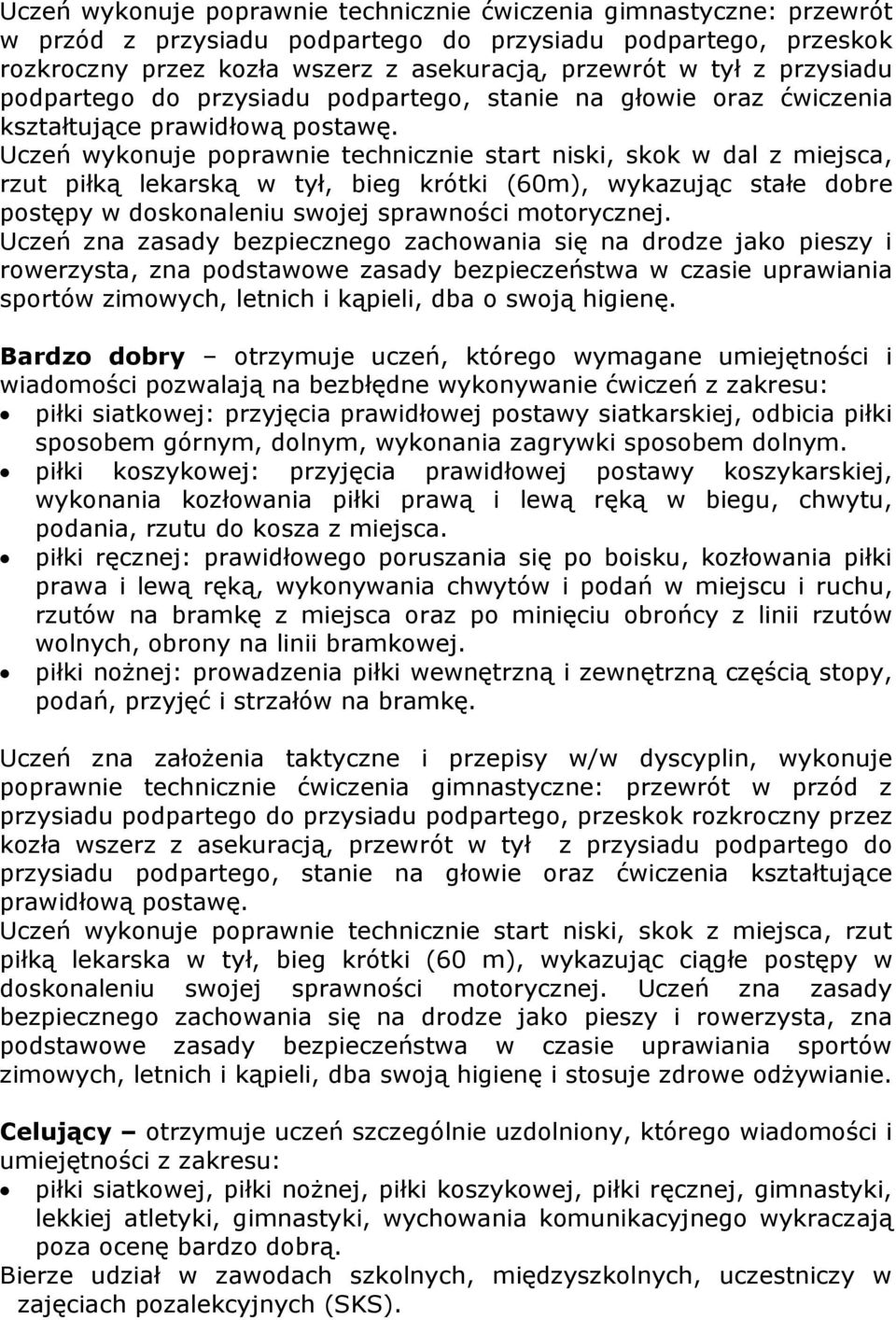 Uczeń wykonuje poprawnie technicznie start niski, skok w dal z miejsca, rzut piłką lekarską w tył, bieg krótki (60m), wykazując stałe dobre postępy w doskonaleniu swojej sprawności motorycznej.