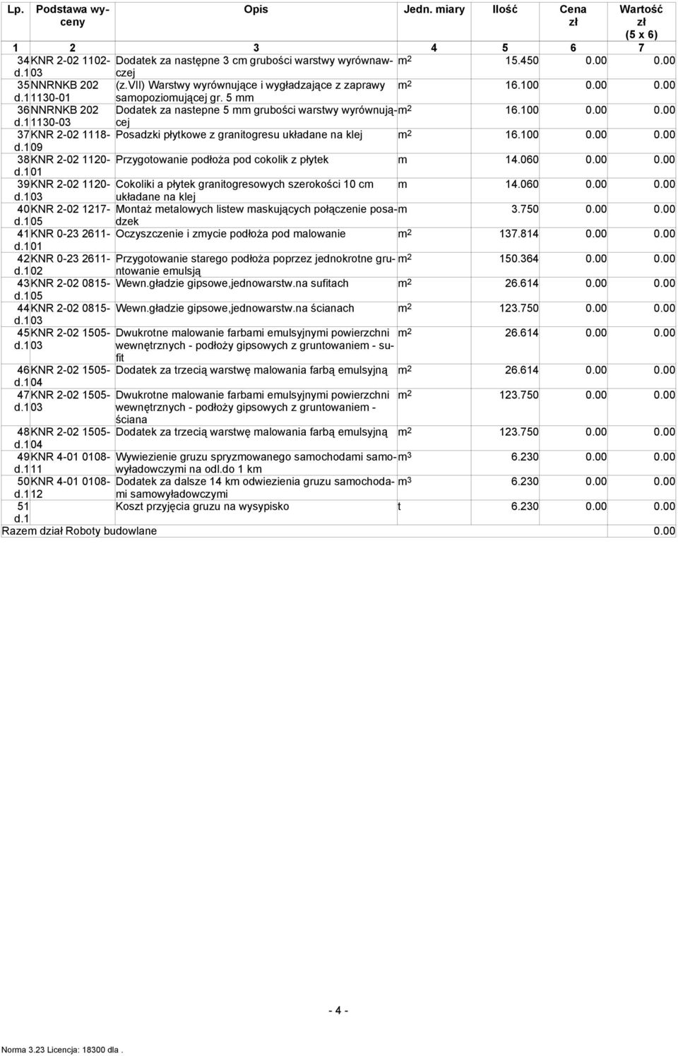 11130-03 37KNR 2-02 1118- Posadzki płytkowe z granitogresu układane na klej m 2 16.100 0.00 0.00 d.109 38KNR 2-02 1120- Przygotowanie podłoża pod cokolik z płytek m 14.060 0.00 0.00 39KNR 2-02 1120- Cokoliki a płytek granitogresowych szerokości 10 cm m 14.