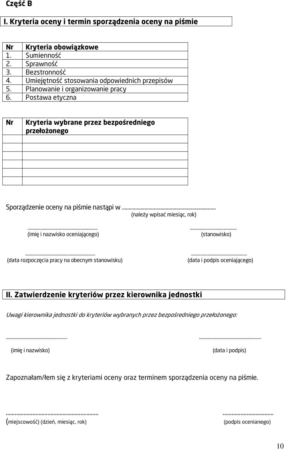 (imię i nazwisko oceniającego). (stanowisko). (data rozpoczęcia pracy na obecnym stanowisku) (data i podpis oceniającego) II.