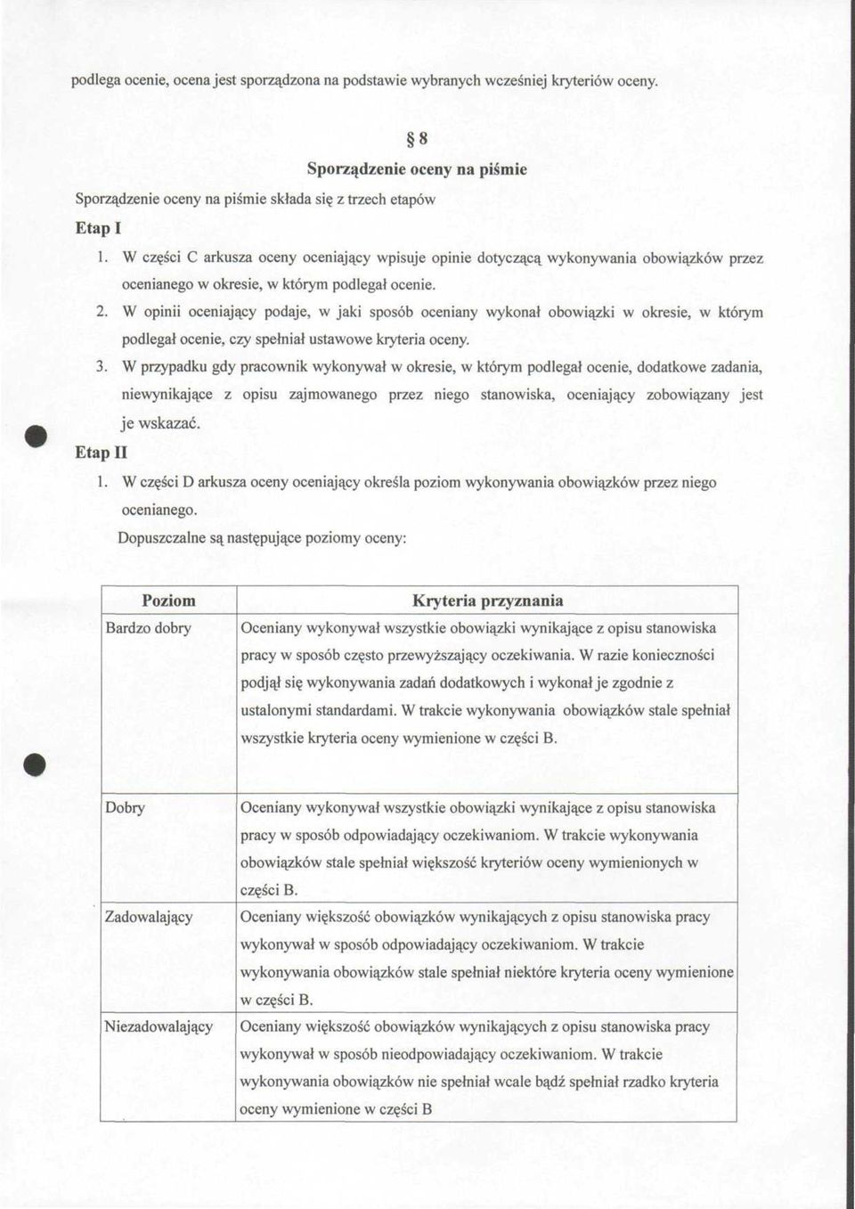 W opinii oceniający podaje, w jaki sposób oceniany wykonał obowiązki w okresie, w którym podlegał ocenie, czy spełniał ustawowe kryteria oceny. 3.