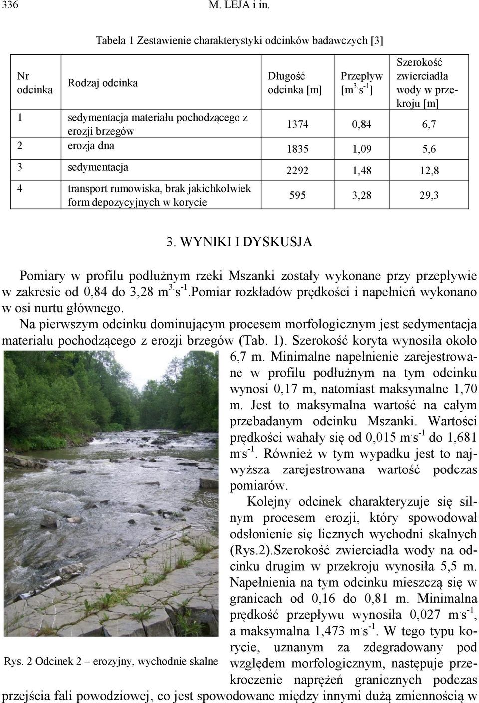 brak jakichkolwiek form depozycyjnych w korycie 595 3,28 29,3 3. WYNIKI I DYSKUSJA Pomiary w profilu podłużnym rzeki Mszanki zostały wykonane przy przepływie w zakresie od 0,84 do 3,28 m 3. s -1.