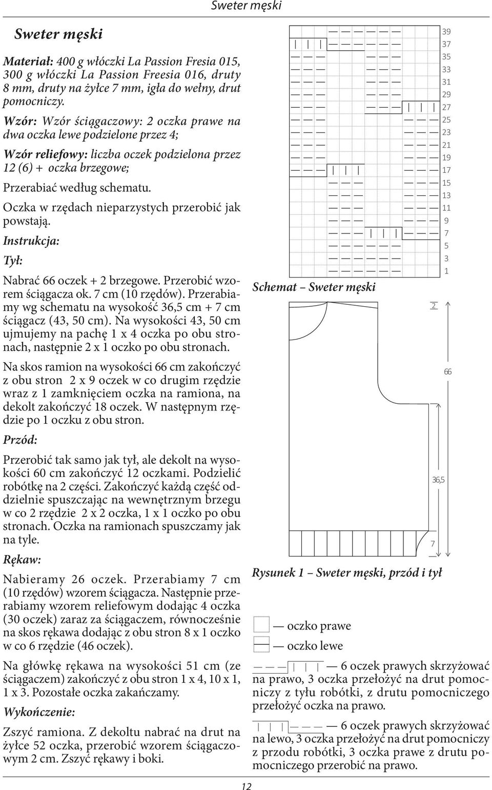 Oczka w rzędach nieparzystych przerobić jak powstają. Instrukcja: Tył: Nabrać 66 oczek + 2 brzegowe. Przerobić wzorem ściągacza ok. 7 cm (10 rzędów).