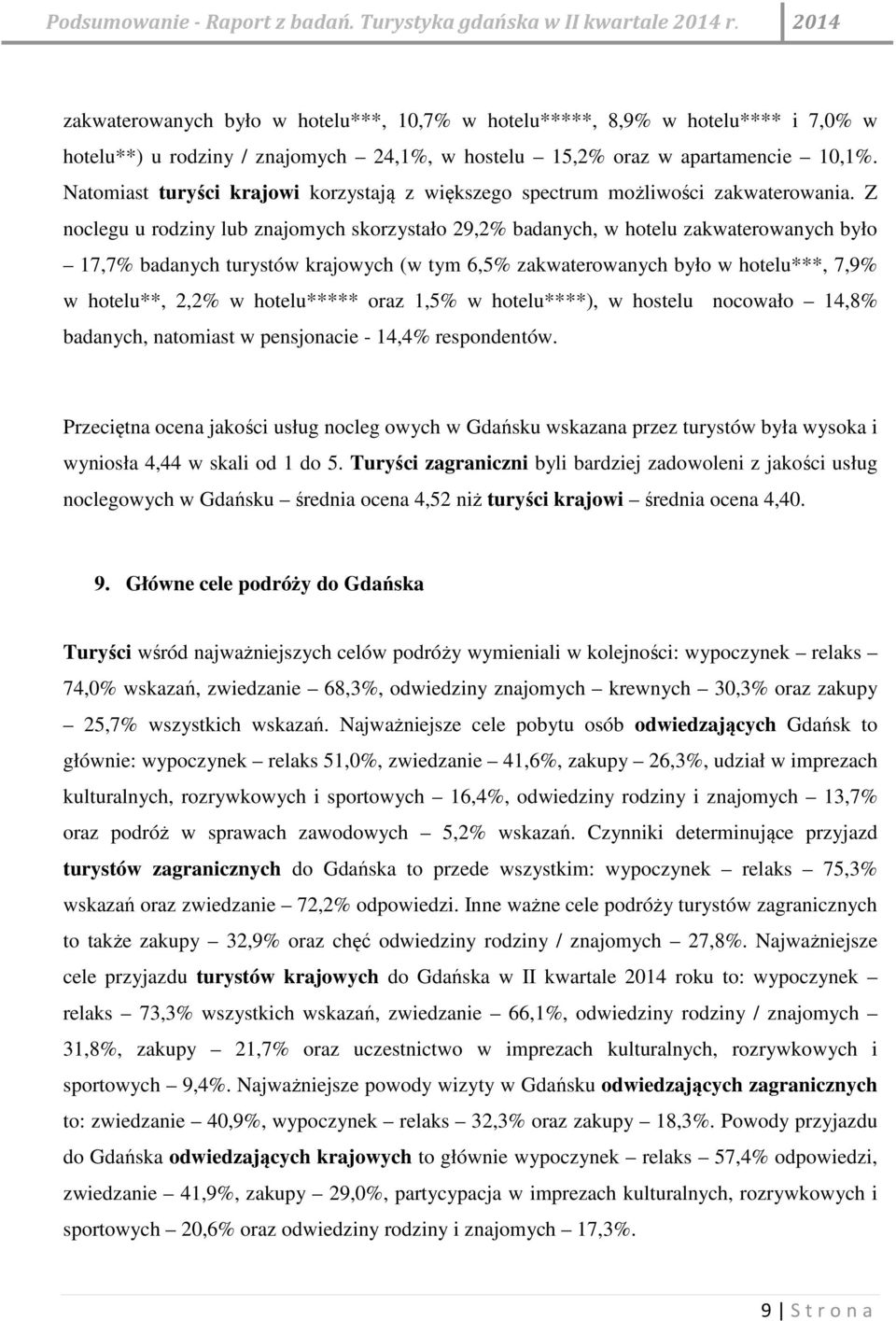 Z noclegu u rodziny lub znajomych skorzystało 29,2% badanych, w hotelu zakwaterowanych było 17,7% badanych turystów krajowych (w tym 6,5% zakwaterowanych było w hotelu***, 7,9% w hotelu**, 2,2% w