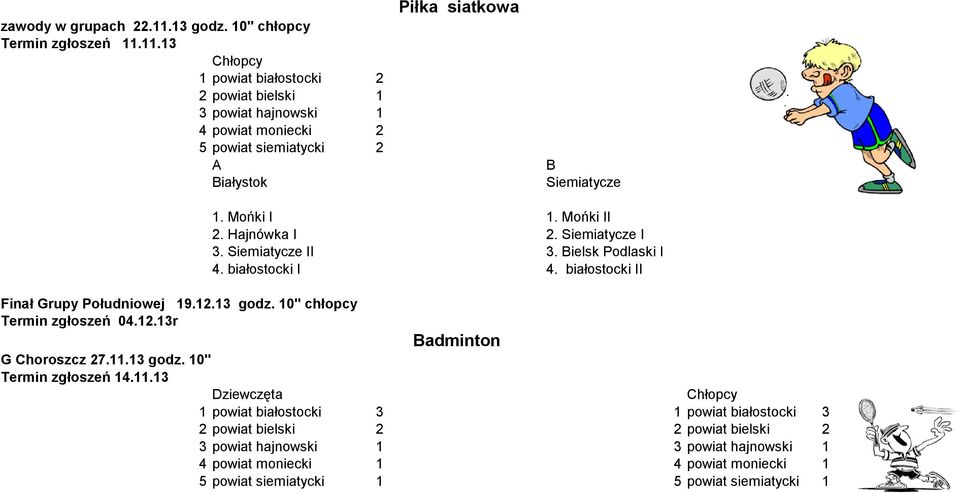 11.13 2 powiat bielski 1 3 powiat hajnowski 1 4 powiat moniecki 2 5 powiat siemiatycki 2 iałystok Piłka siatkowa Siemiatycze Finał Grupy Południowej 19.12.