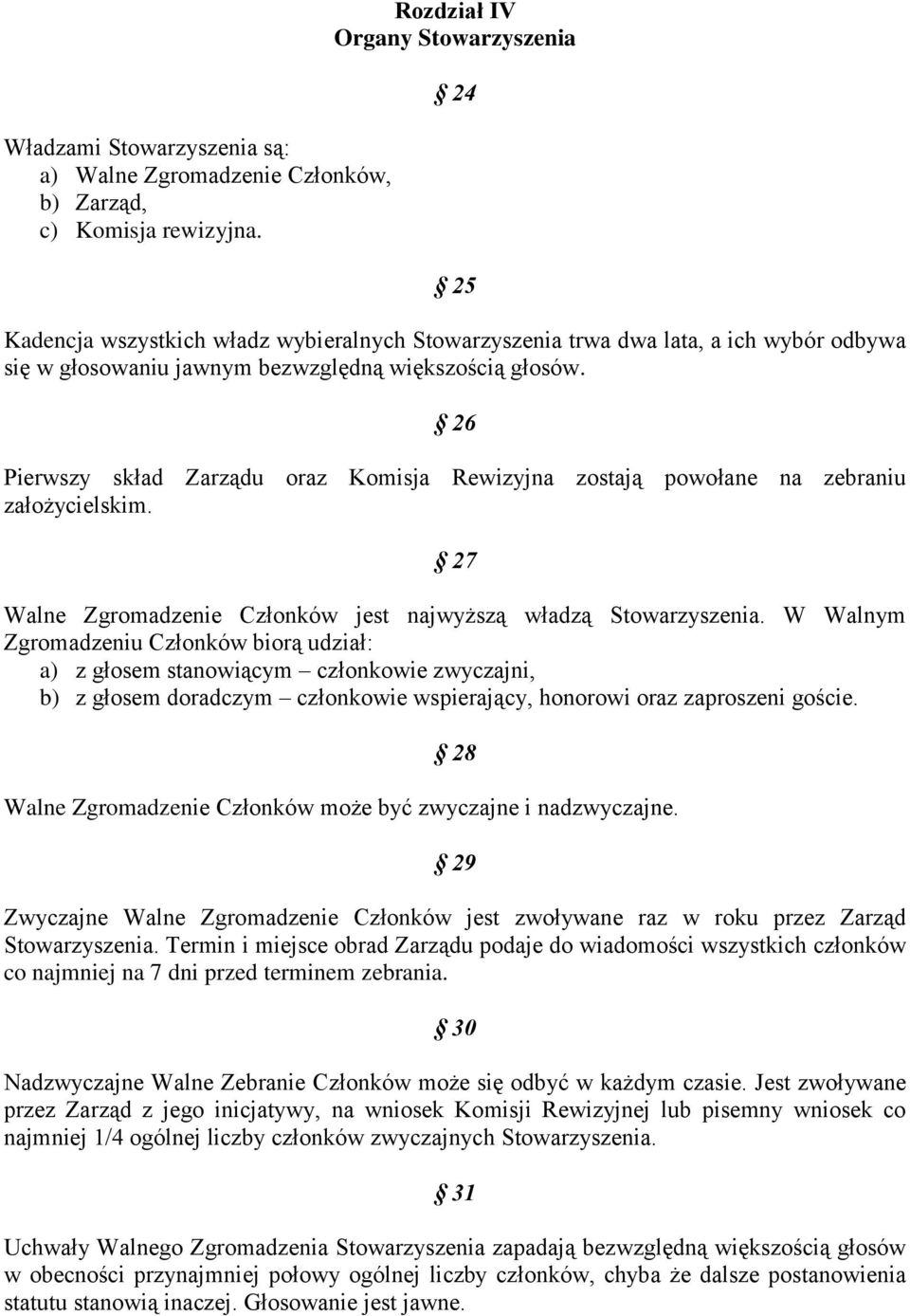 26 Pierwszy skład Zarządu oraz Komisja Rewizyjna zostają powołane na zebraniu założycielskim. 27 Walne Zgromadzenie Członków jest najwyższą władzą Stowarzyszenia.