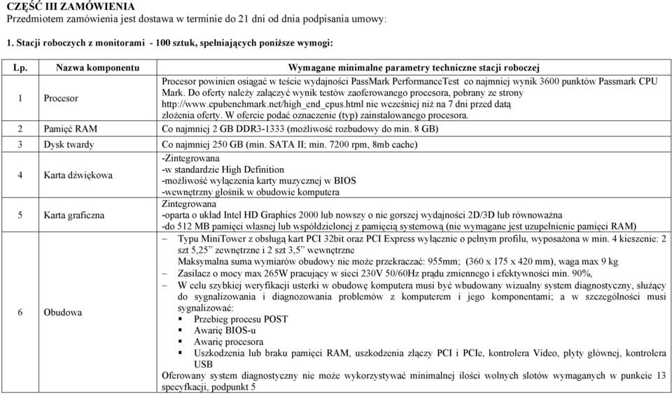 Mark. Do oferty należy załączyć wynik testów zaoferowanego procesora, pobrany ze strony http://www.cpubenchmark.net/high_end_cpus.html nie wcześniej niż na 7 dni przed datą złożenia oferty.