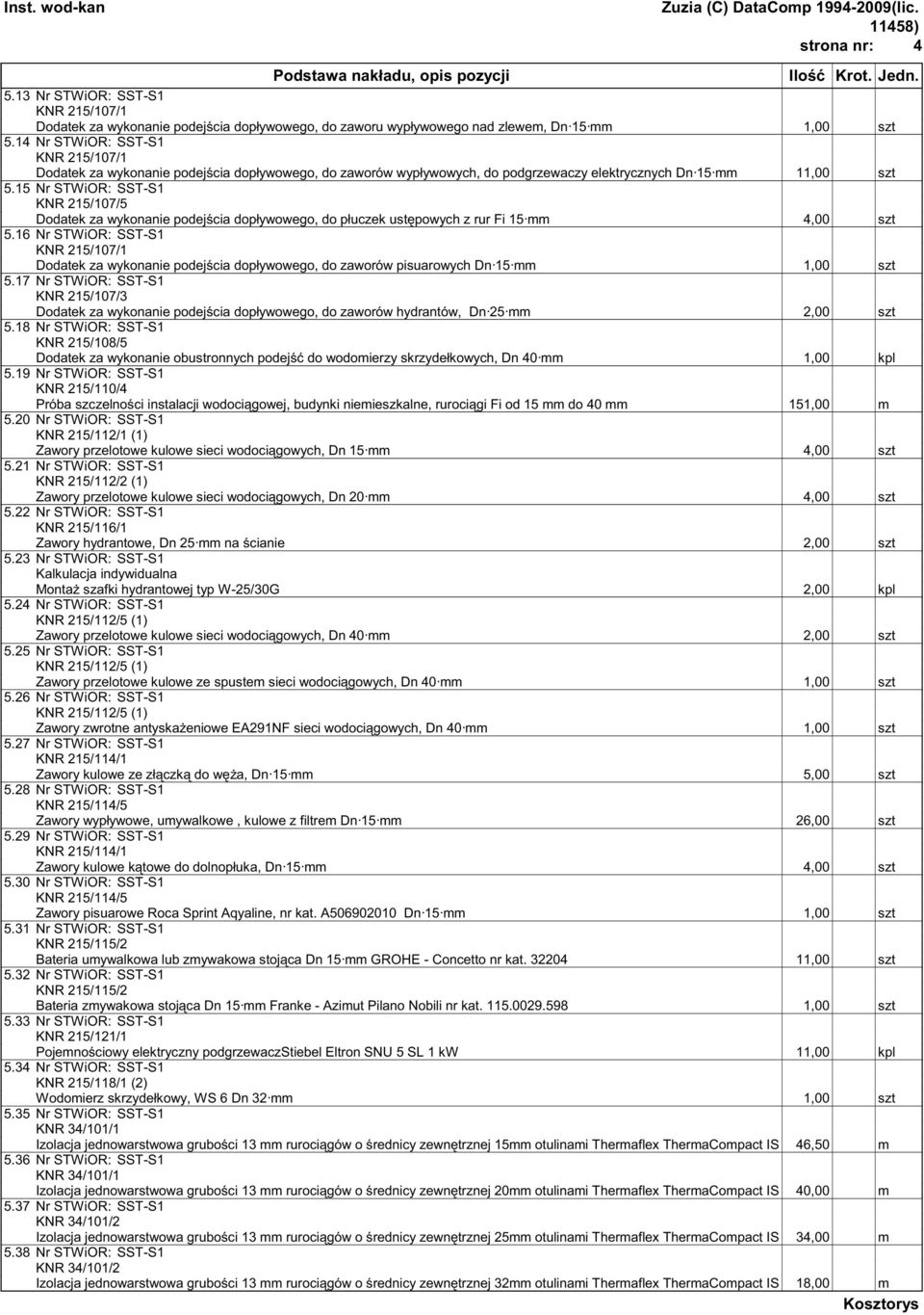 15 Nr STWiOR: SST-S1 KNR 215/107/5 Dodatek za wykonanie podej cia dopływowego, do płuczek ust powych z rur Fi 15 mm 4,00 szt 5.