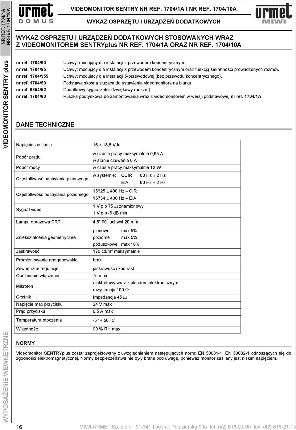 1704/90 Uchwyt mocujący dla instalacji z przewodem koncentrycznym. nr ref. 1704/95 Uchwyt mocujący dla instalacji z przewodem koncentrycznym oraz funkcją sekretności prowadzonych rozmów. nr ref. 1704/955 Uchwyt mocujący dla instalacji 5-przewodowej (bez przewodu koncentrycznego).