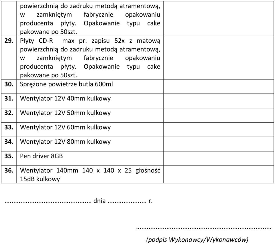Opakowanie typu cake pakowane po 50szt. 30. Sprężone powietrze butla 600ml 31. Wentylator V 40mm kulkowy 32. Wentylator V 50mm kulkowy 33.