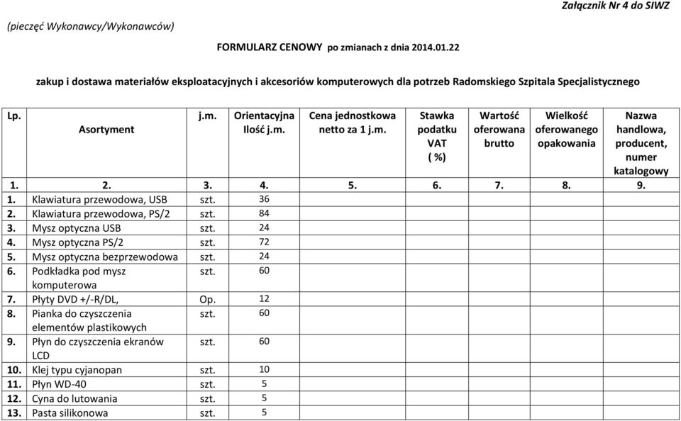 m. Stawka podatku VAT ( %) Wartość oferowana brutto Wielkość oferowanego opakowania Nazwa handlowa, producent, numer katalogowy 1. 2. 3. 4. 5. 6. 7. 8. 9. 1. Klawiatura przewodowa, USB szt. 36 2.