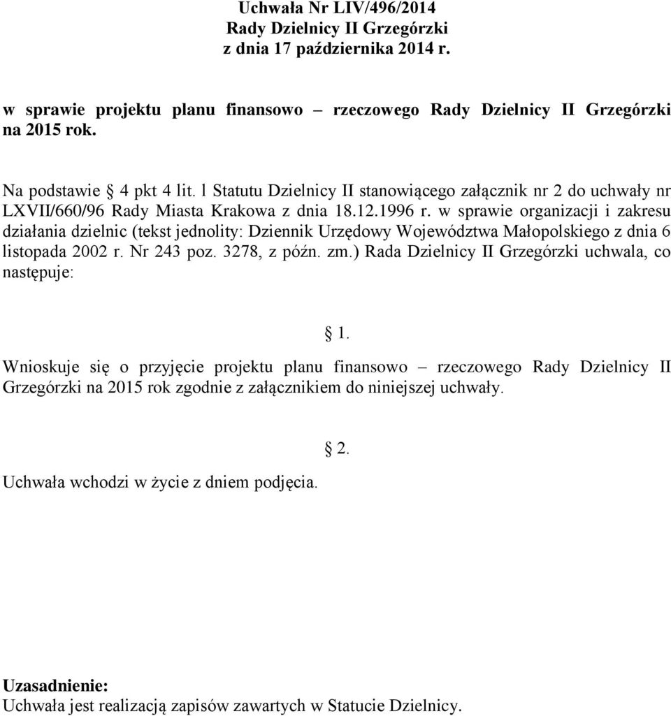 w sprawie organizacji i zakresu działania dzielnic (tekst jednolity: Dziennik Urzędowy Województwa Małopolskiego z dnia 6 listopada 2002 r. Nr 243 poz. 3278, z późn.