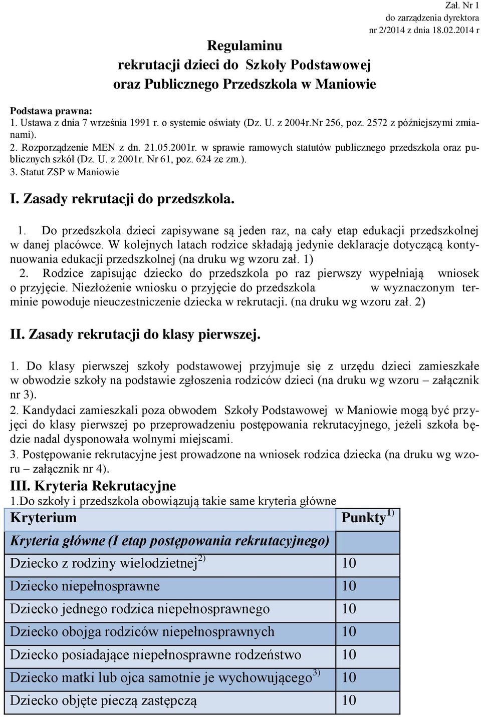 w sprawie ramowych statutów publicznego przedszkola oraz publicznych szkół (Dz. U. z 2001r. Nr 61, poz. 624 ze zm.). 3. Statut ZSP w Maniowie I. Zasady rekrutacji do przedszkola. 1.