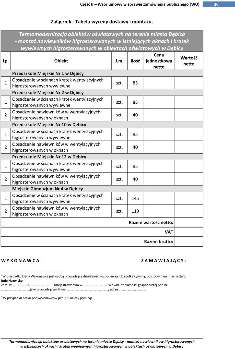 Obiekt J.m. Ilość Przedszkole Miejskie Nr w Dębicy Przedszkole Miejskie Nr w Dębicy Przedszkole Miejskie Nr 0 w Dębicy Przedszkole Miejskie Nr w Dębicy Miejskie Gimnazjum Nr 4 w Dębicy szt. 45 szt.