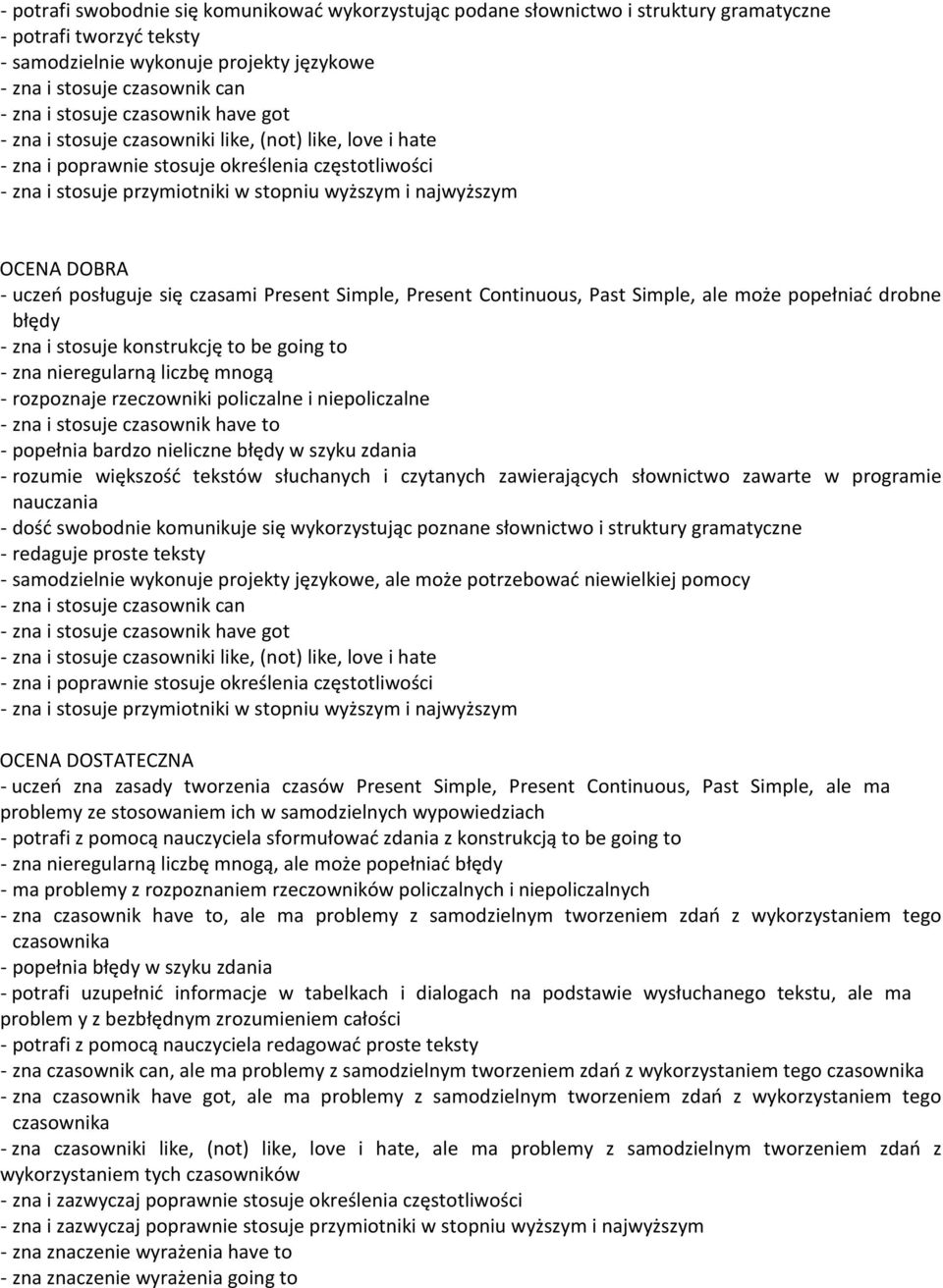 OCENA DOBRA - uczeń posługuje się czasami Present Simple, Present Continuous, Past Simple, ale może popełniać drobne błędy - zna i stosuje konstrukcję to be going to - zna nieregularną liczbę mnogą -