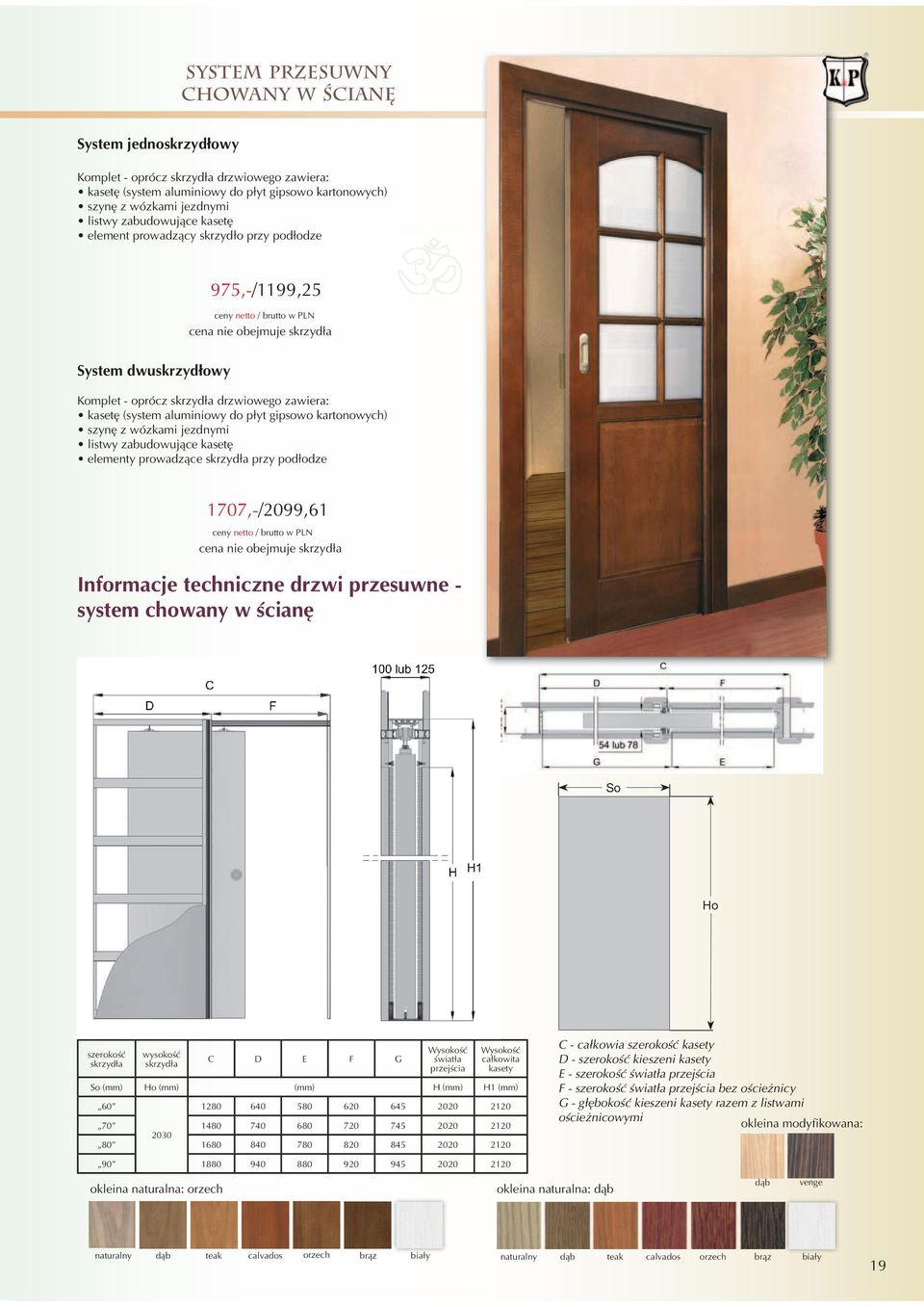 kasetę (system aluminiowy do płyt gipsowo kartonowych) szynę z wózkami jezdnymi listwy zabudowujące kasetę elementy prowadzące skrzydła przy podłodze 1707,-/2099,61 ceny netto / brutto w PLN cena nie