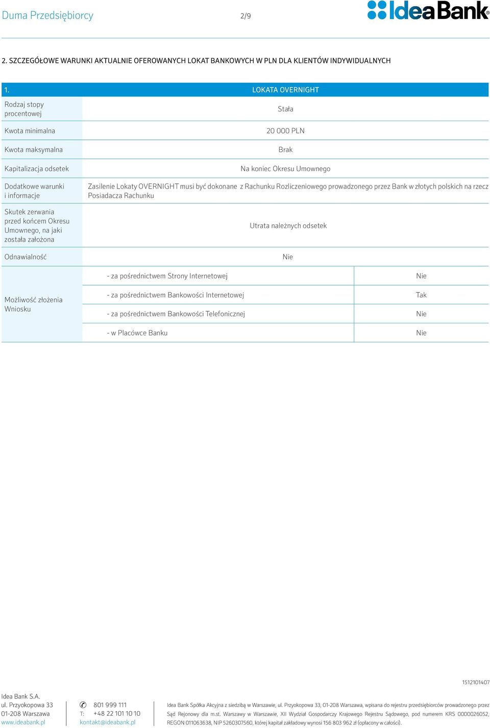 Lokata OVERNIGHT i informacje 20 000 PLN Zasilenie Lokaty OVERNIGHT musi być dokonane z Rachunku Rozliczeniowego