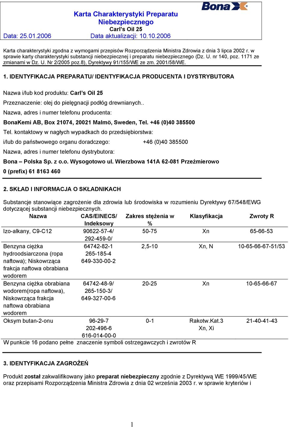 . Nazwa, adres i numer telefonu producenta: BonaKemi AB, Box 21074, 20021 Malmö, Sweden, Tel. +46 (0)40 385500 Tel.